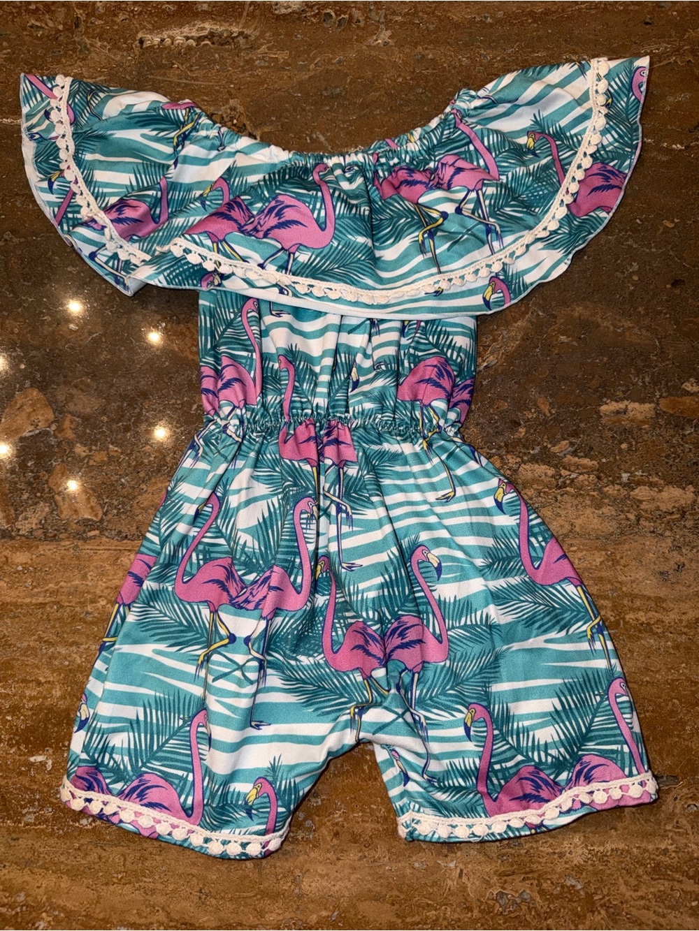 Girls Teal Flamingo Off-Shoulder Romper